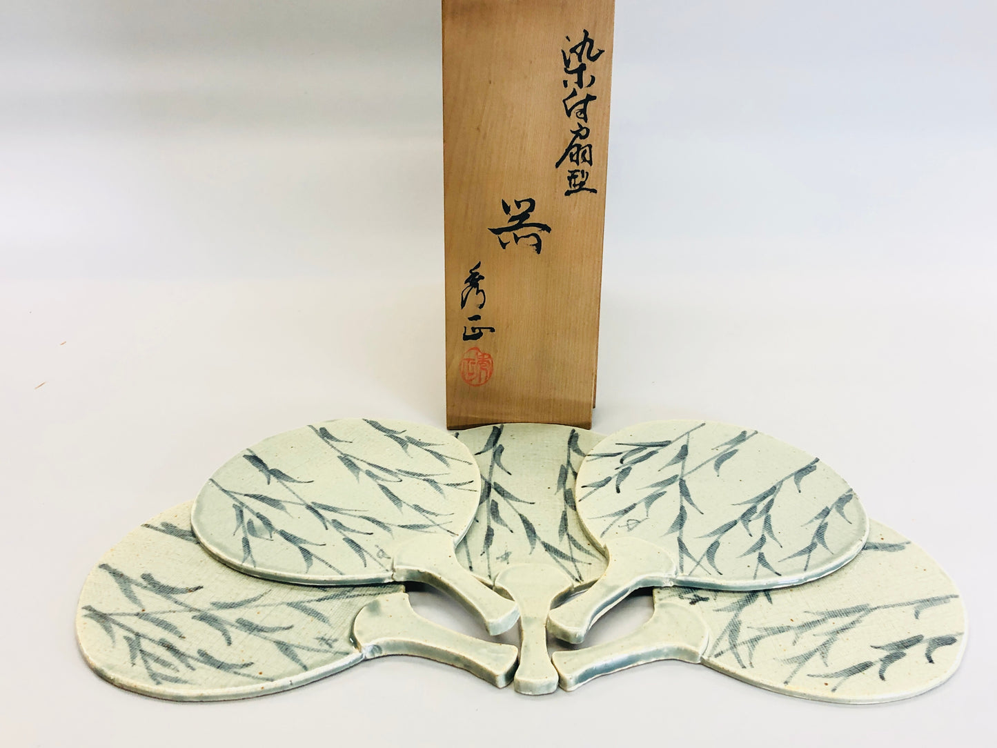 Y5326 DISH Seto-ware Fan shape serving plate set of 5 signed box Japan antique