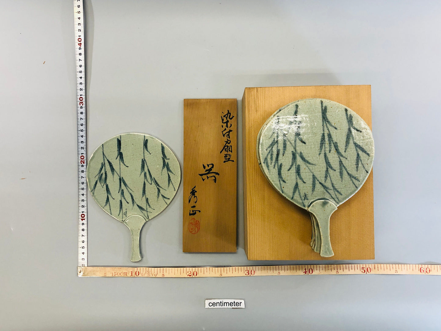 Y5326 DISH Seto-ware Fan shape serving plate set of 5 signed box Japan antique