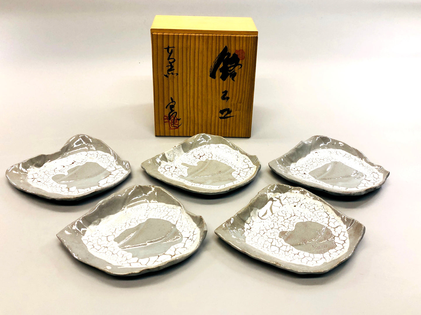 Y5330 DISH Mino-ware serving plate set of 5 signed box Japan antique tableware