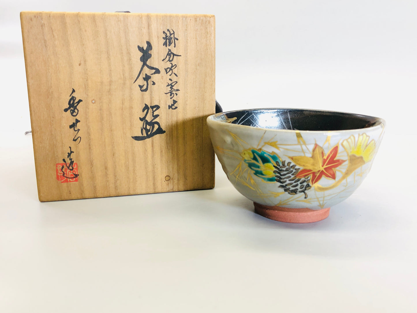Y5334 CHAWAN Kyo-ware signed box color picture Japan antique tea ceremony bowl