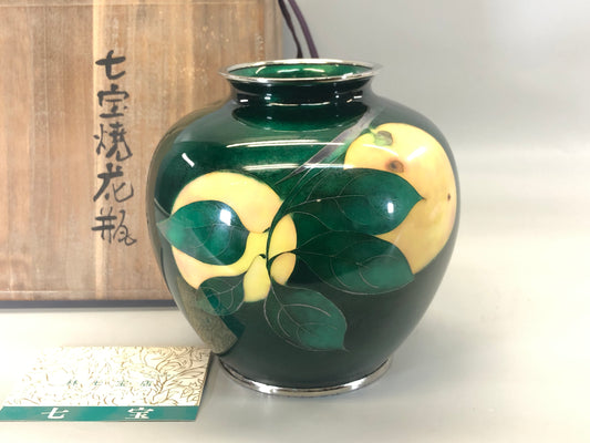 Y5371 FLOWER VASE Cloisonne green fruit signed box Japan ikebana antique decor