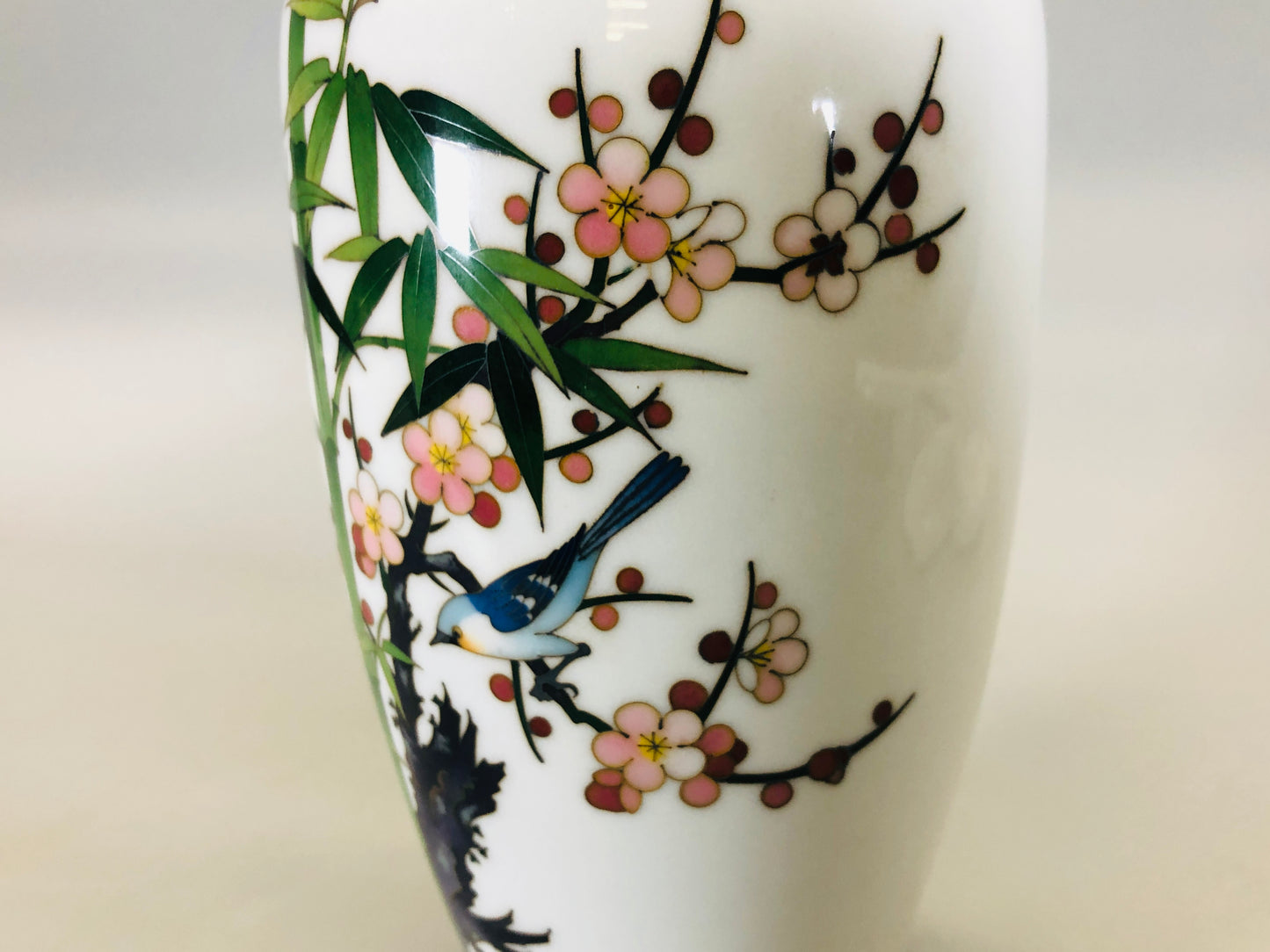 Y5374 FLOWER VASE Cloisonne white bird plum bamboo box Japan ikebana antique