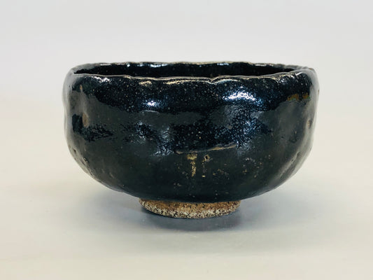 Y5392 CHAWAN Raku-ware black signed Japan antique tea ceremony pottery vintage