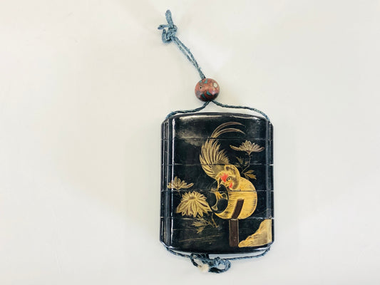 Y5413 INROU Makie Pill Box chicken drum Japan antique kimono accessory vintage