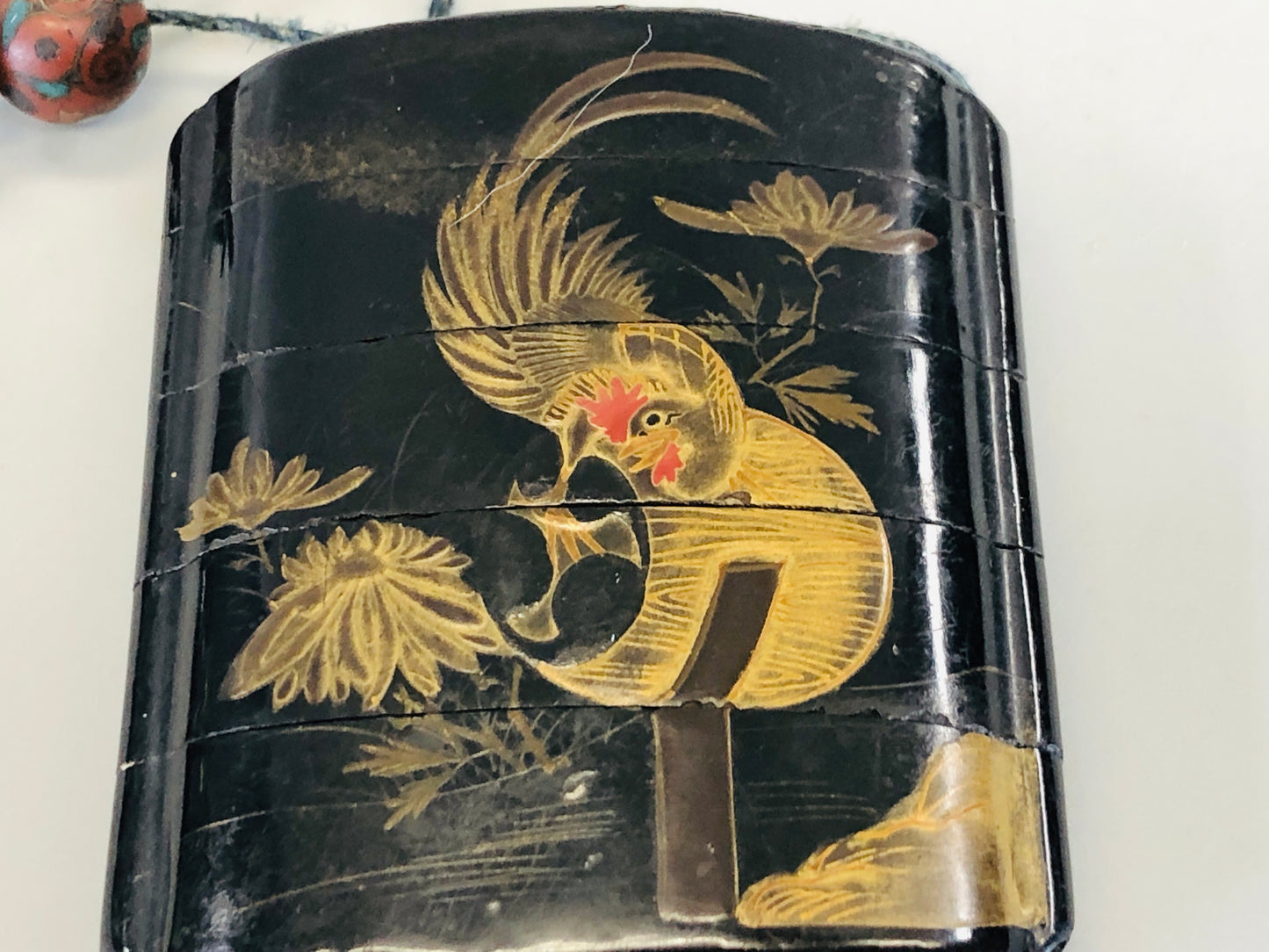 Y5413 INROU Makie Pill Box chicken drum Japan antique kimono accessory vintage