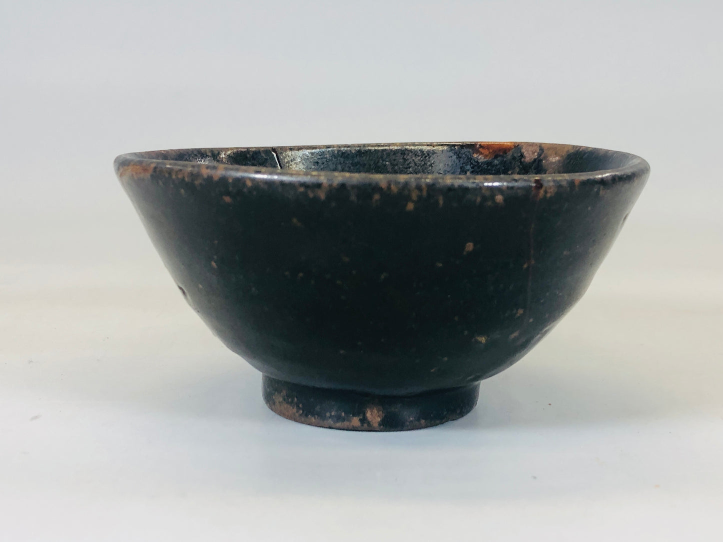 Y5478 CHAWAN Tenmoku black kintsugi flat small Japan antique tea ceremony bowl