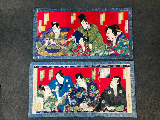 Y5506 WOODBLOCK PRINT Kunichika triptych set of 2 Kabuki Japan Ukiyoe antique