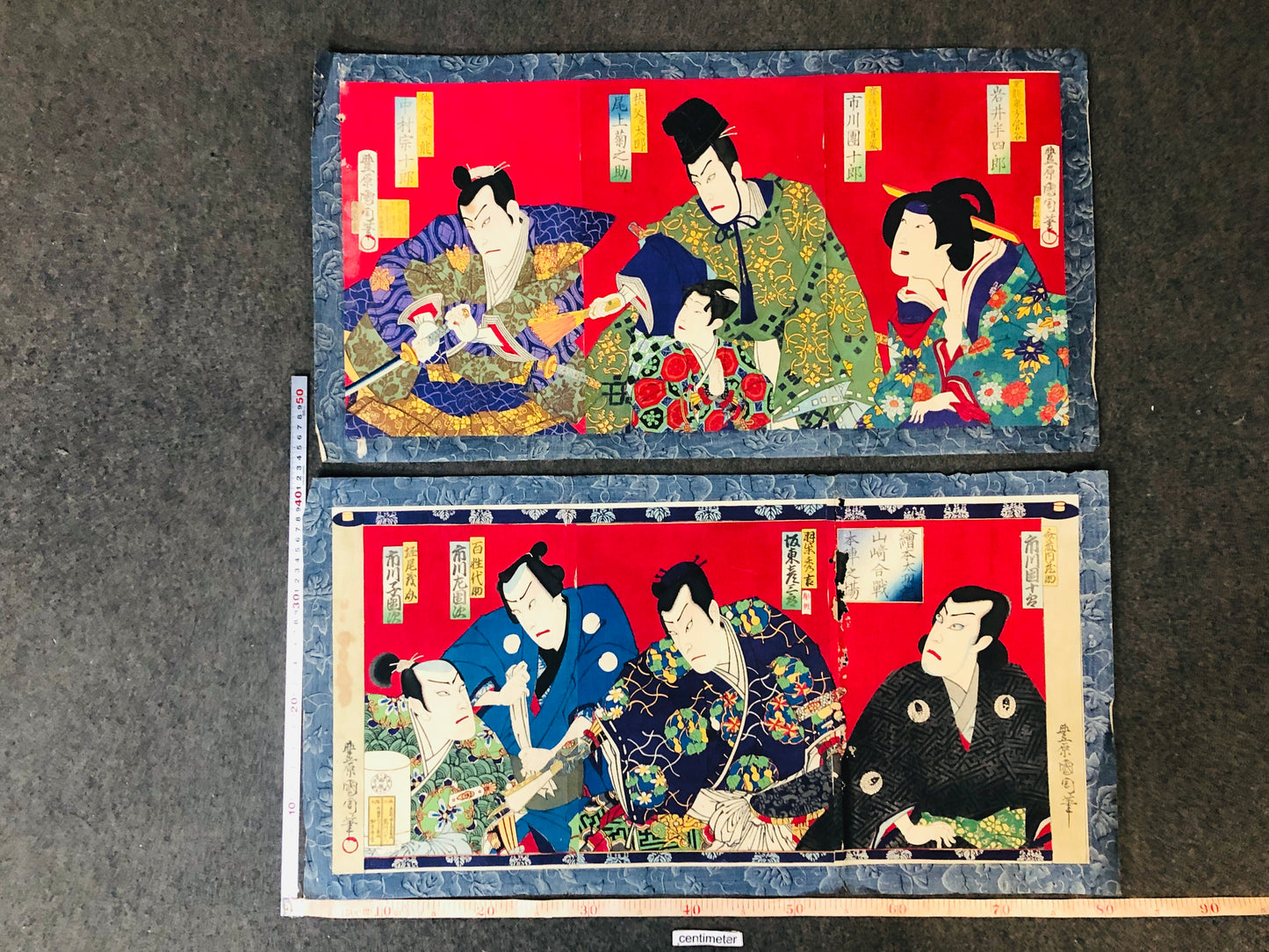 Y5506 WOODBLOCK PRINT Kunichika triptych set of 2 Kabuki Japan Ukiyoe antique