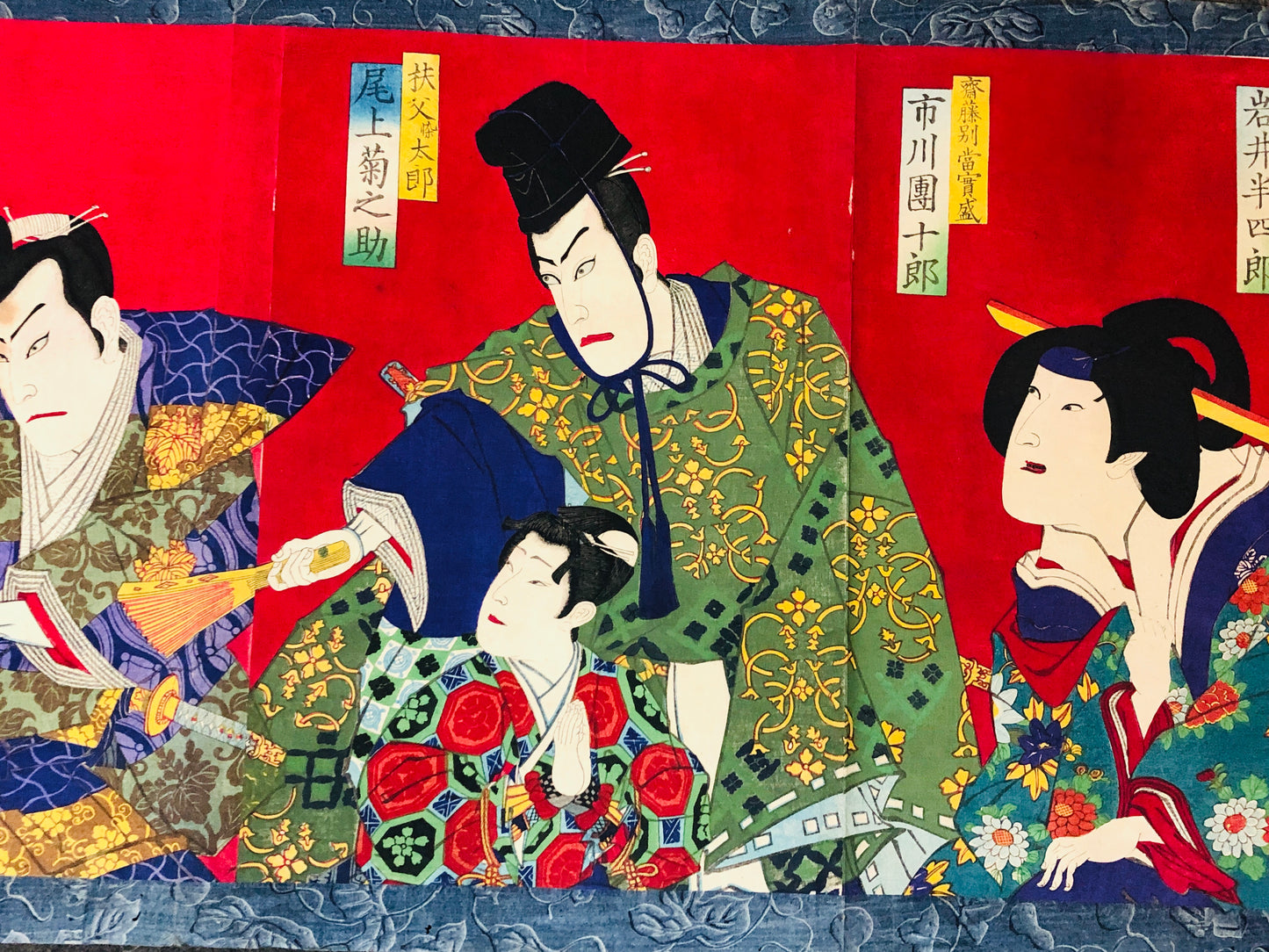 Y5506 WOODBLOCK PRINT Kunichika triptych set of 2 Kabuki Japan Ukiyoe antique