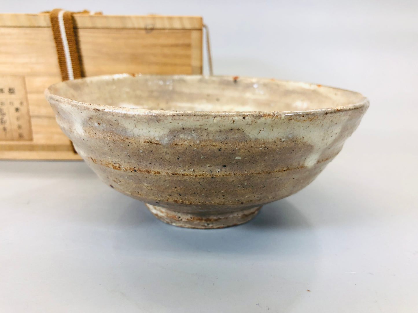 Y5544 CHAWAN Hagi-ware flat signed box Japan antique tea ceremony bowl pottery