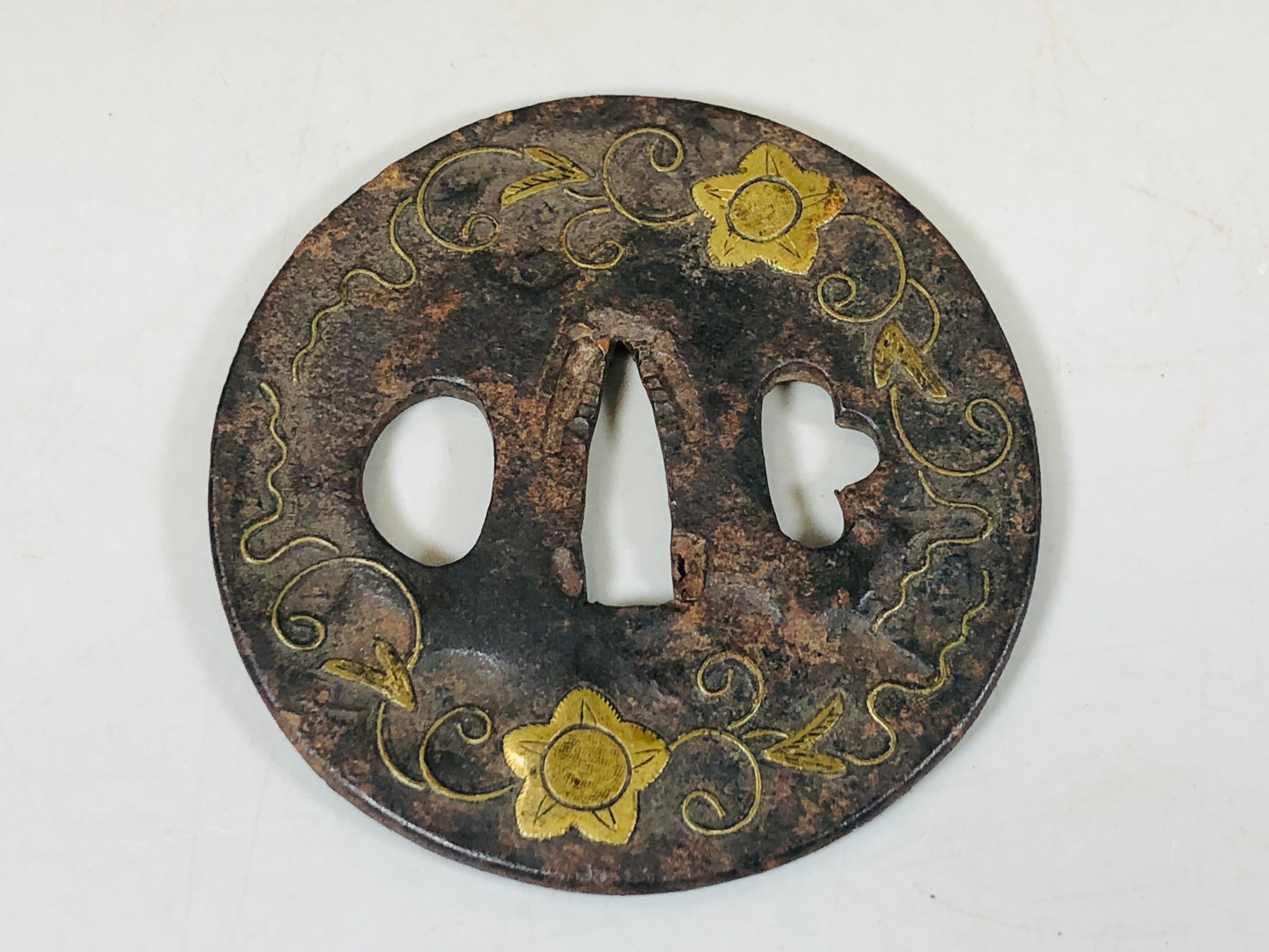 Y5575 TSUBA Brass Inlay sword guard Japan samurai katana koshirae edo ...