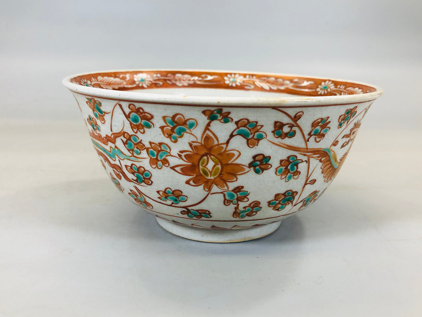 Y5594 CHAWAN Kyo-ware red painted phoenix lion Japan confectionery bowl antique