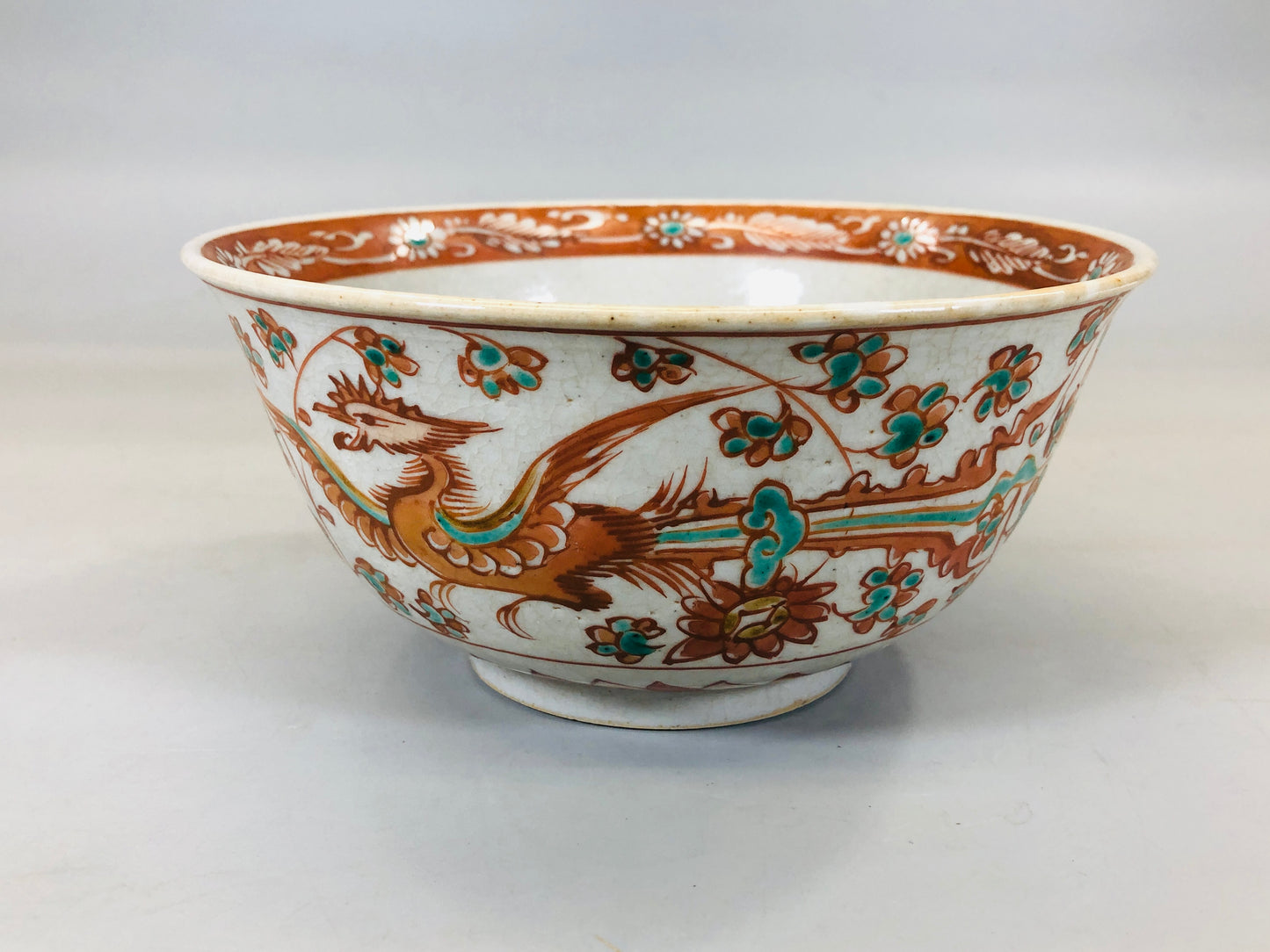 Y5594 CHAWAN Kyo-ware red painted phoenix lion Japan confectionery bowl antique