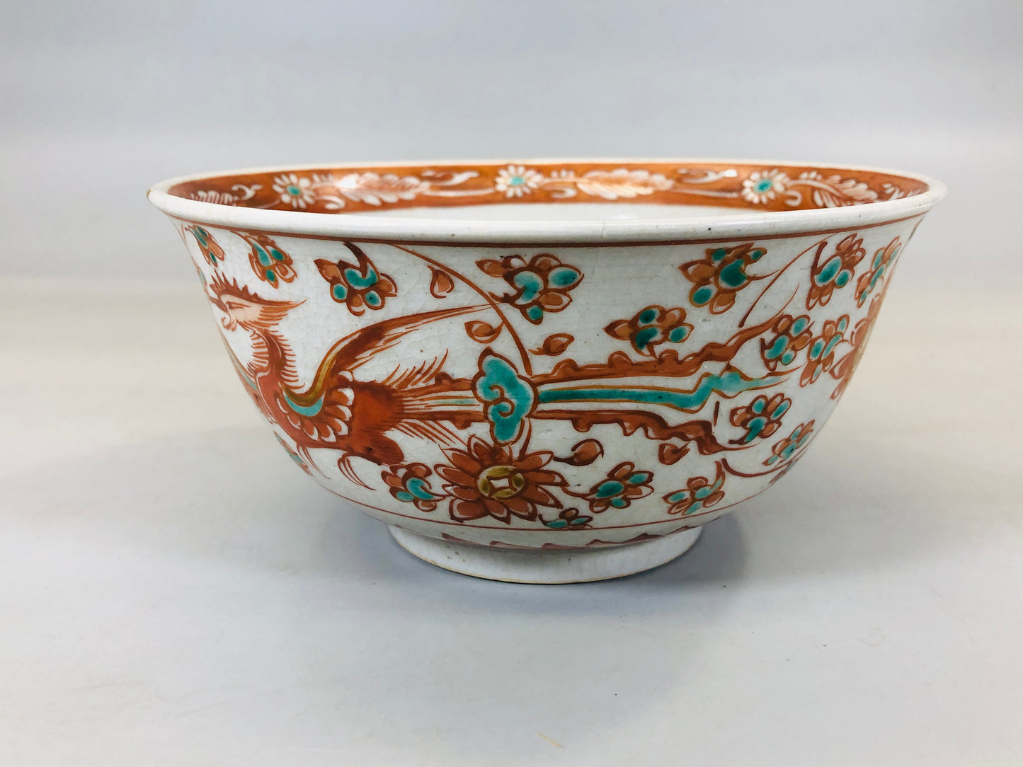 Y5594 CHAWAN Kyo-ware red painted phoenix lion Japan confectionery bowl antique