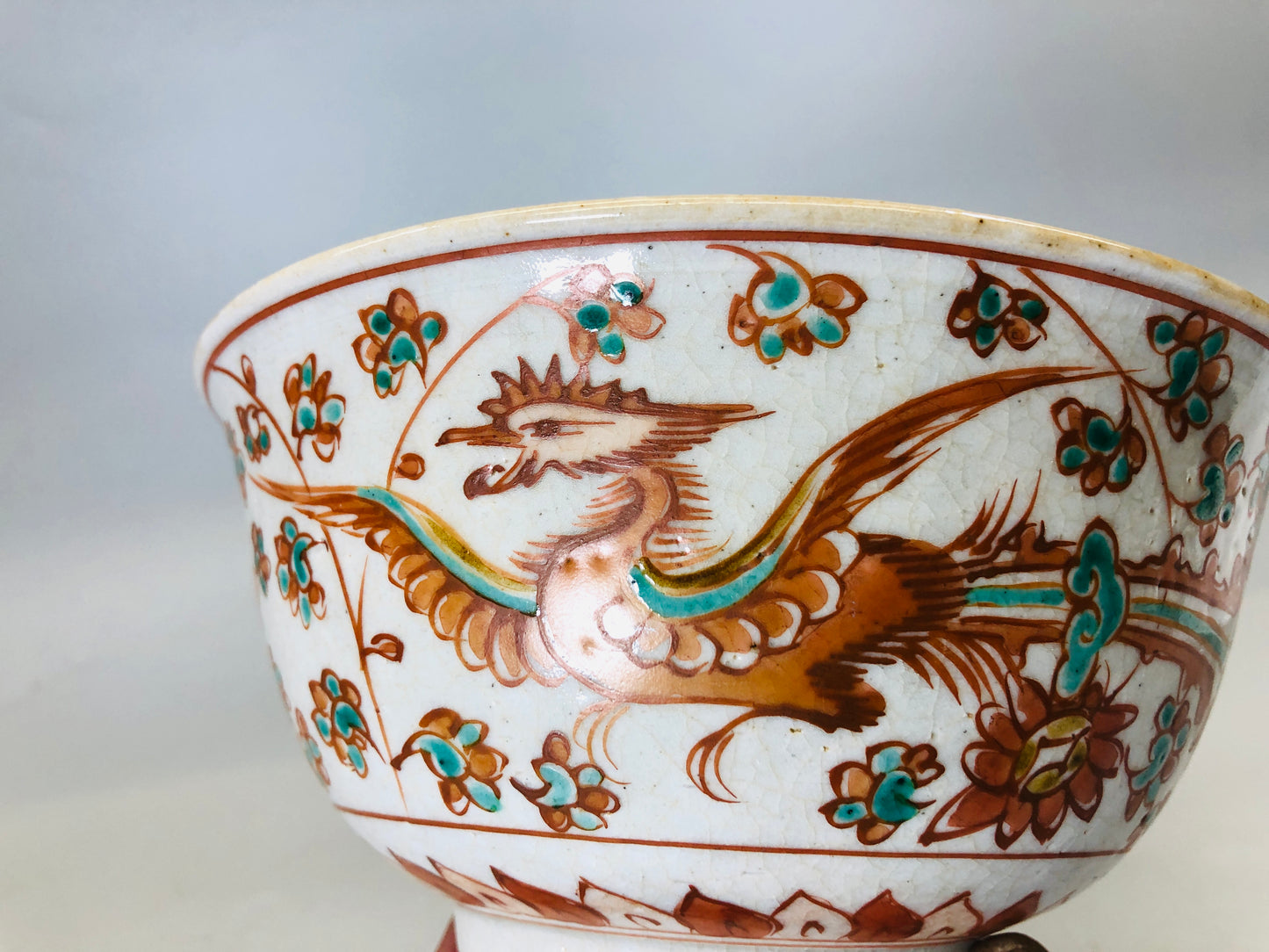 Y5594 CHAWAN Kyo-ware red painted phoenix lion Japan confectionery bowl antique