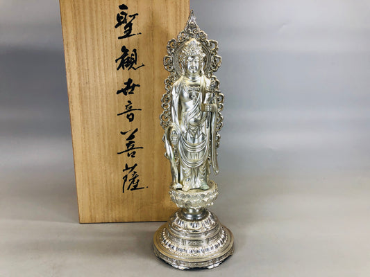 Y5666 STATUE metal Holy Kannon Bodhisattva figure signed box Japan antique decor