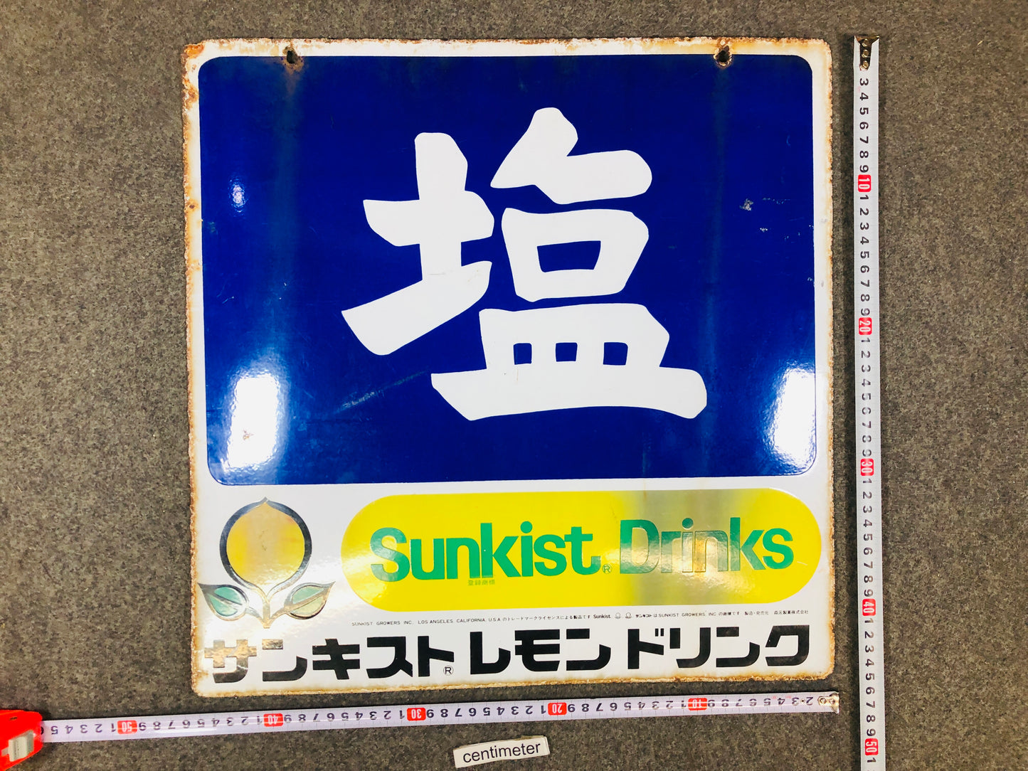 Y5713 SIGNBOARD Enamel sign salt Sunkist lemon Japan antique decor vintage art