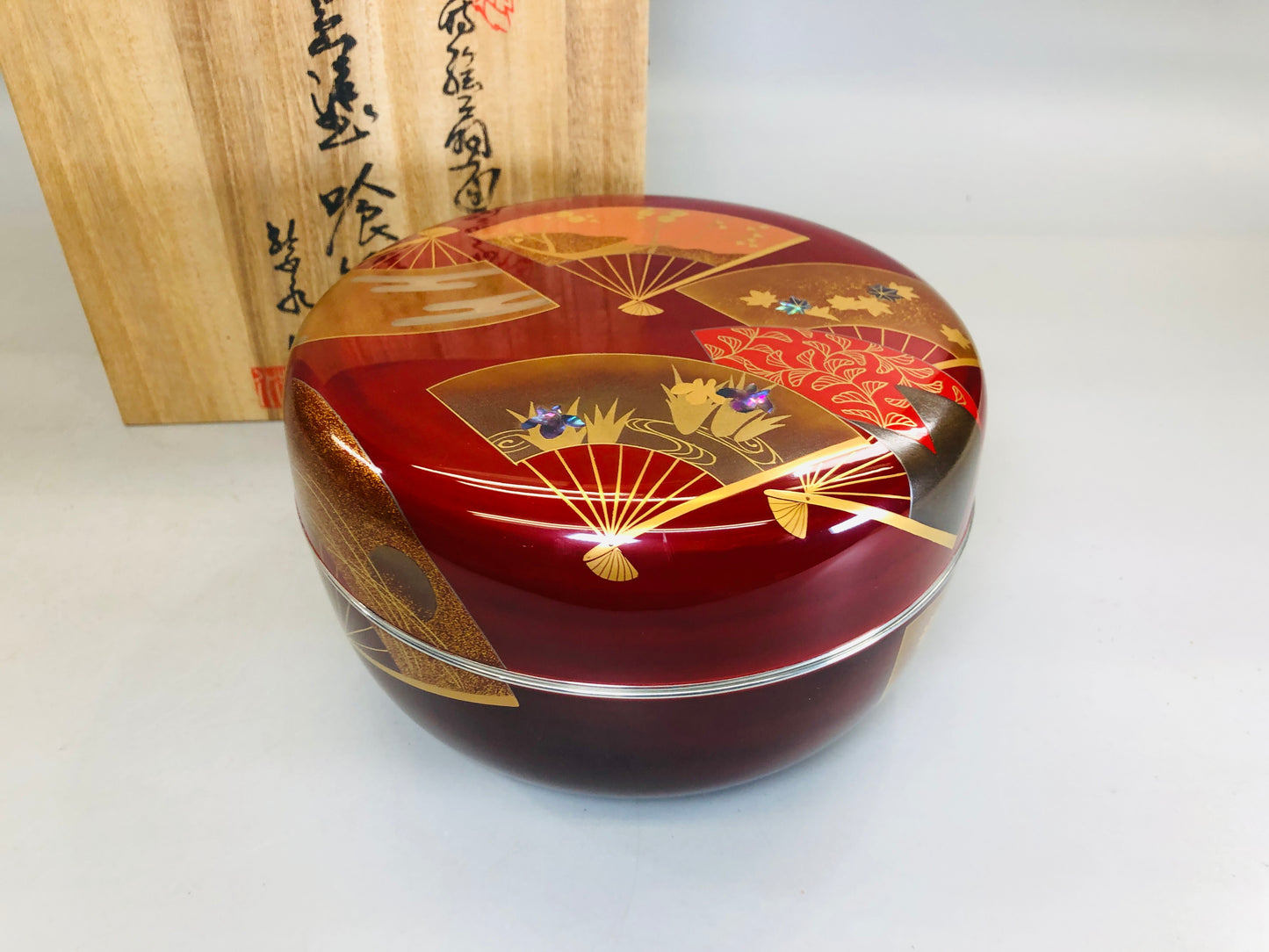 Y5787 BOX Wajima lacquer fan Makie Jikiro signed Japan antique food container