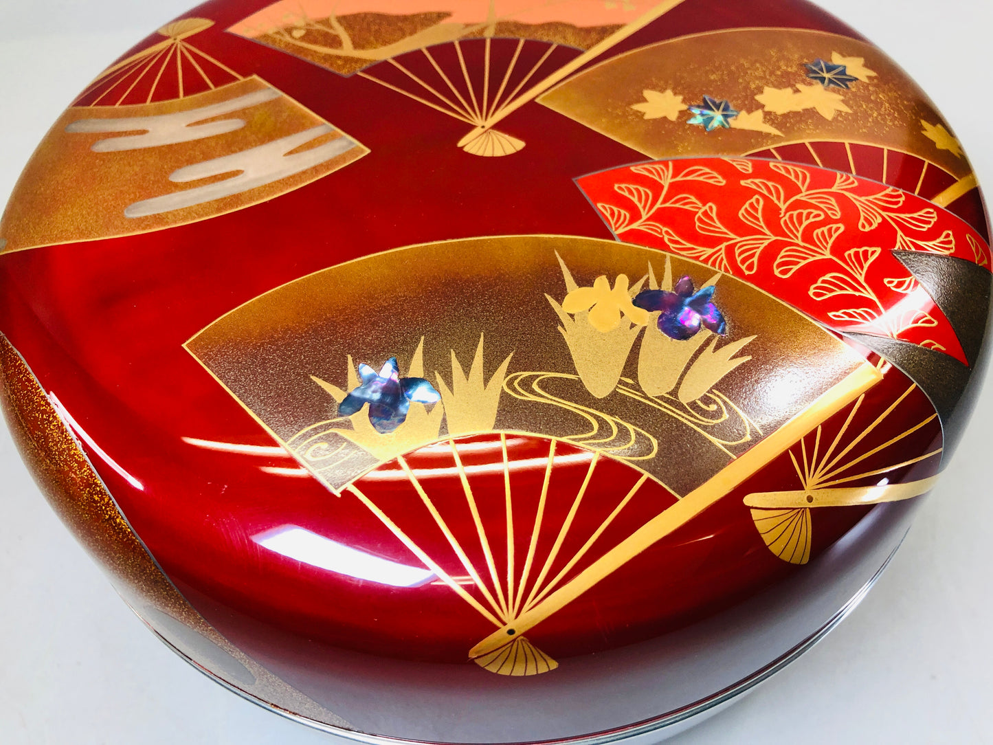 Y5787 BOX Wajima lacquer fan Makie Jikiro signed Japan antique food container