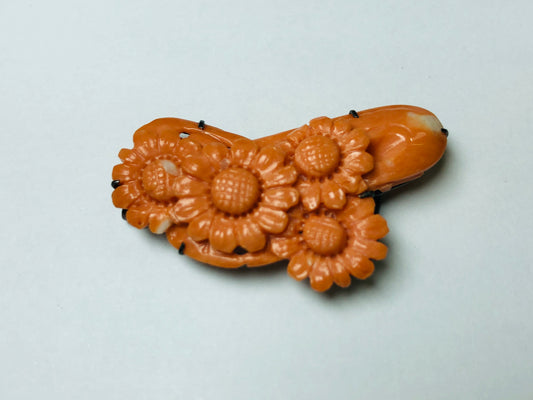 Y5798 OBIDOME Sash clip coral sunflower Japan Kimono accessory antique brooch