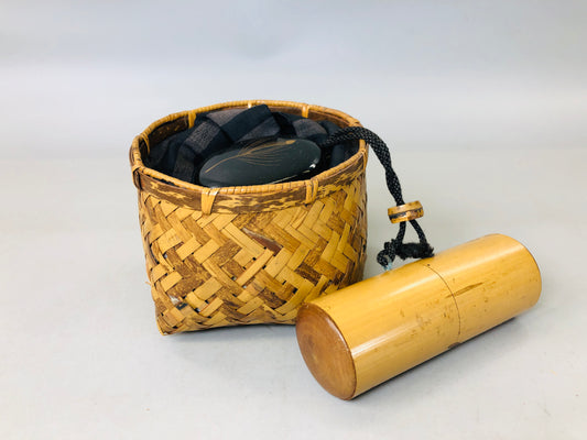 Y5849 CHAWAN Tea ceremony utensils set for traveling bamboo basket Japan antique