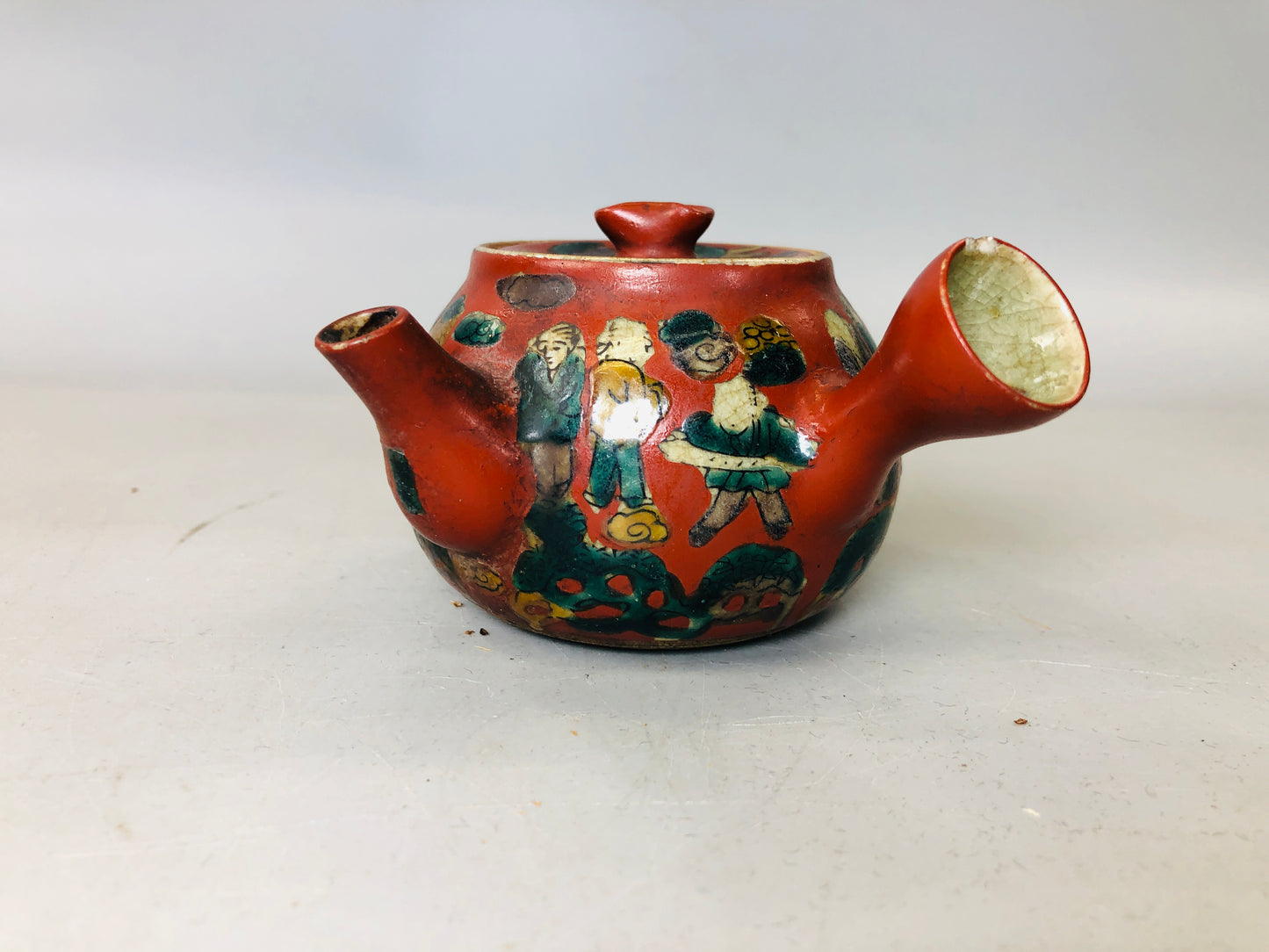 Y5850 KYUSU Kutani-ware teapot signed red picture Japan antique tea ceremony
