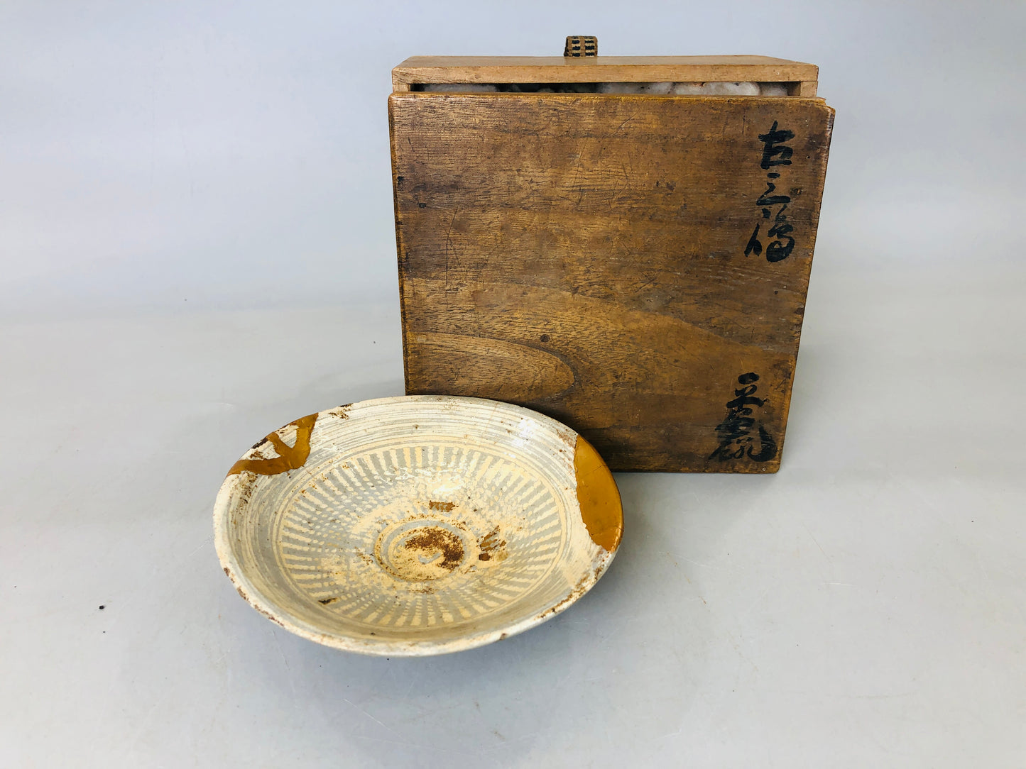 Y5856 CHAWAN Lee Dynasty Mishima-ware flat kintsugi box Korea tea ceremony