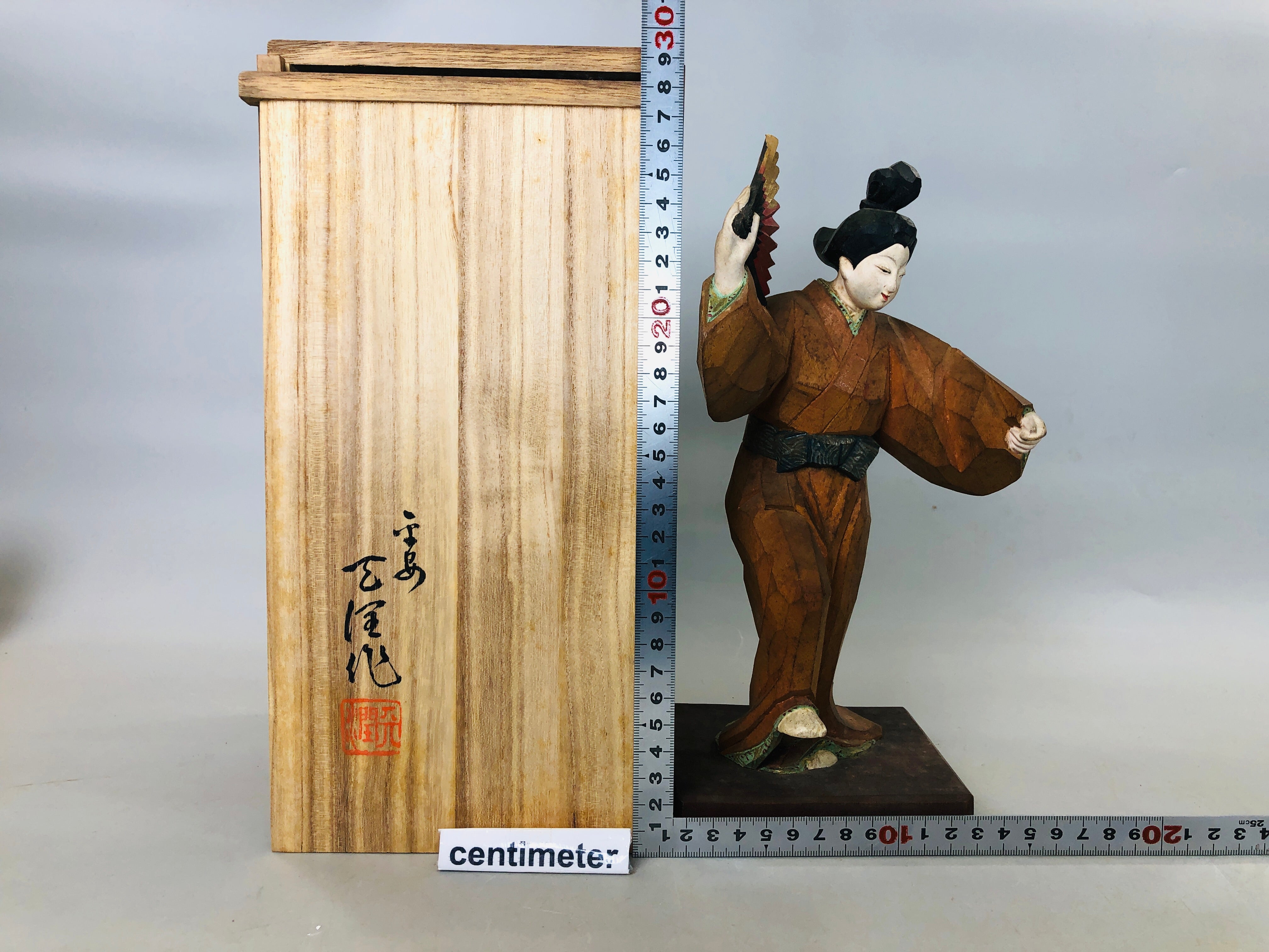 Y5885 STATUE wood carving colored dancing figure signed box Japan antique  decor