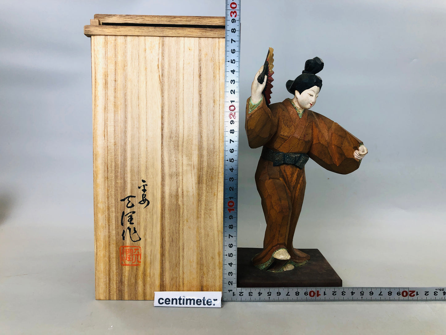 Y5885 STATUE wood carving colored dancing figure signed box Japan antique decor