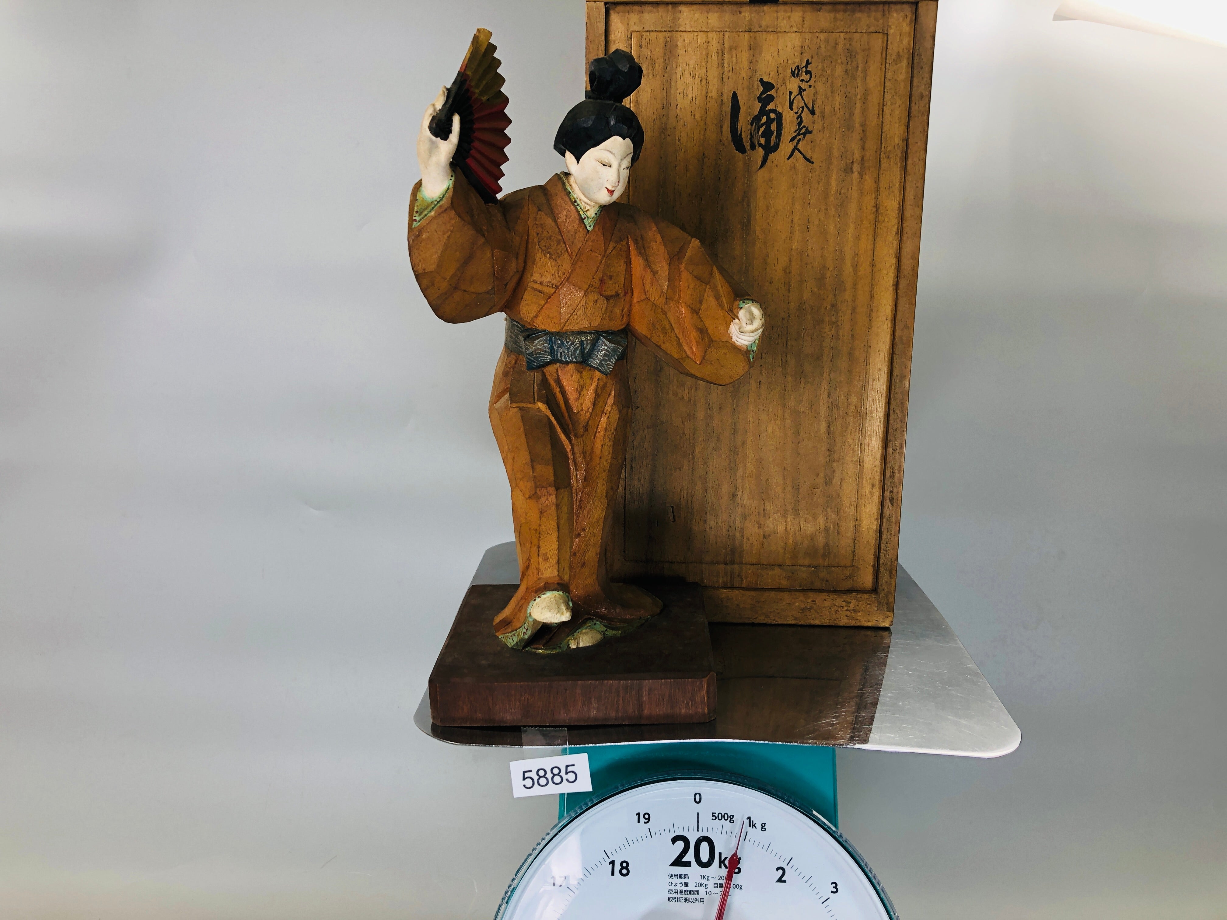 Y5885 STATUE wood carving colored dancing figure signed box Japan 