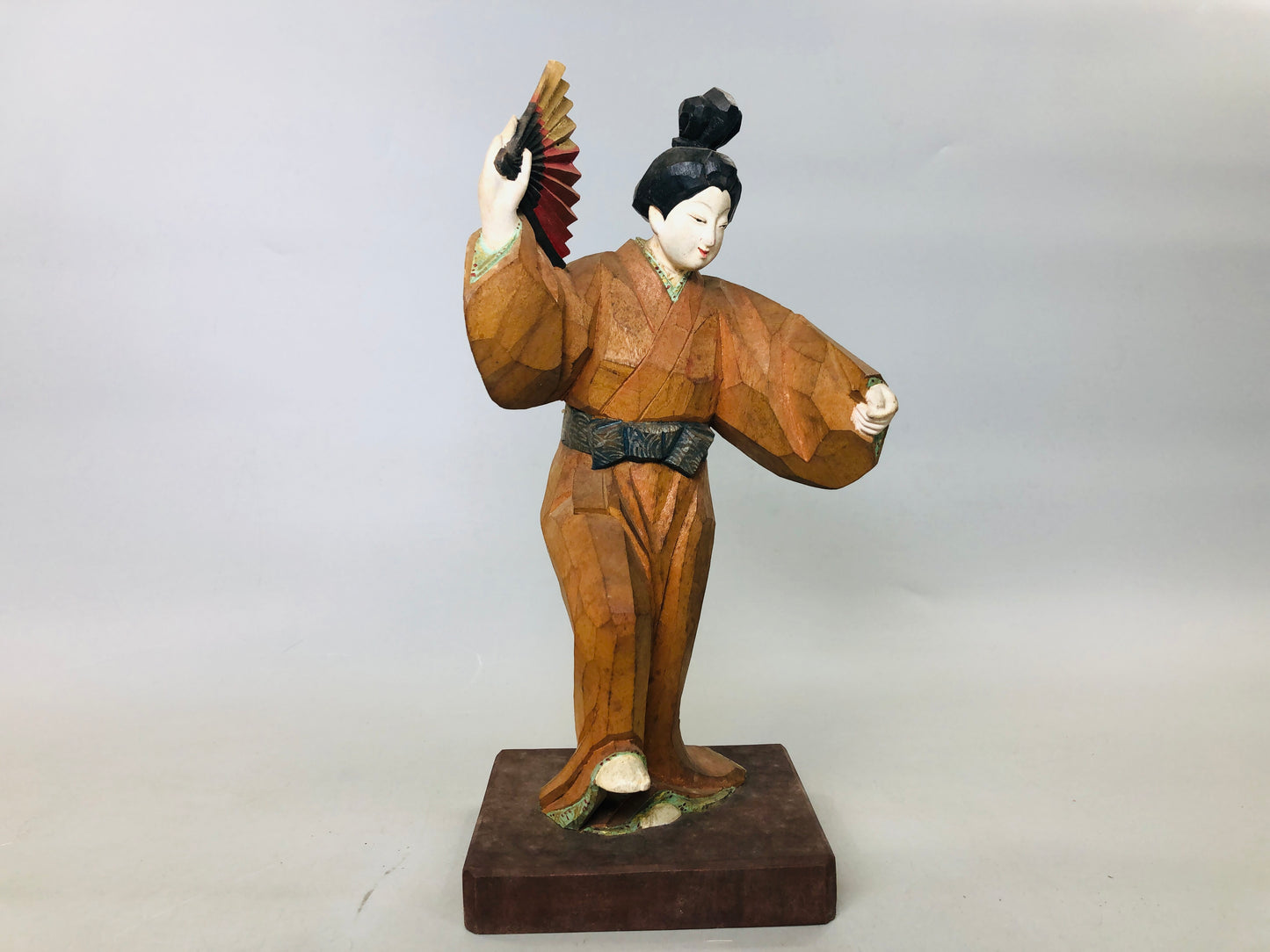 Y5885 STATUE wood carving colored dancing figure signed box Japan antique decor