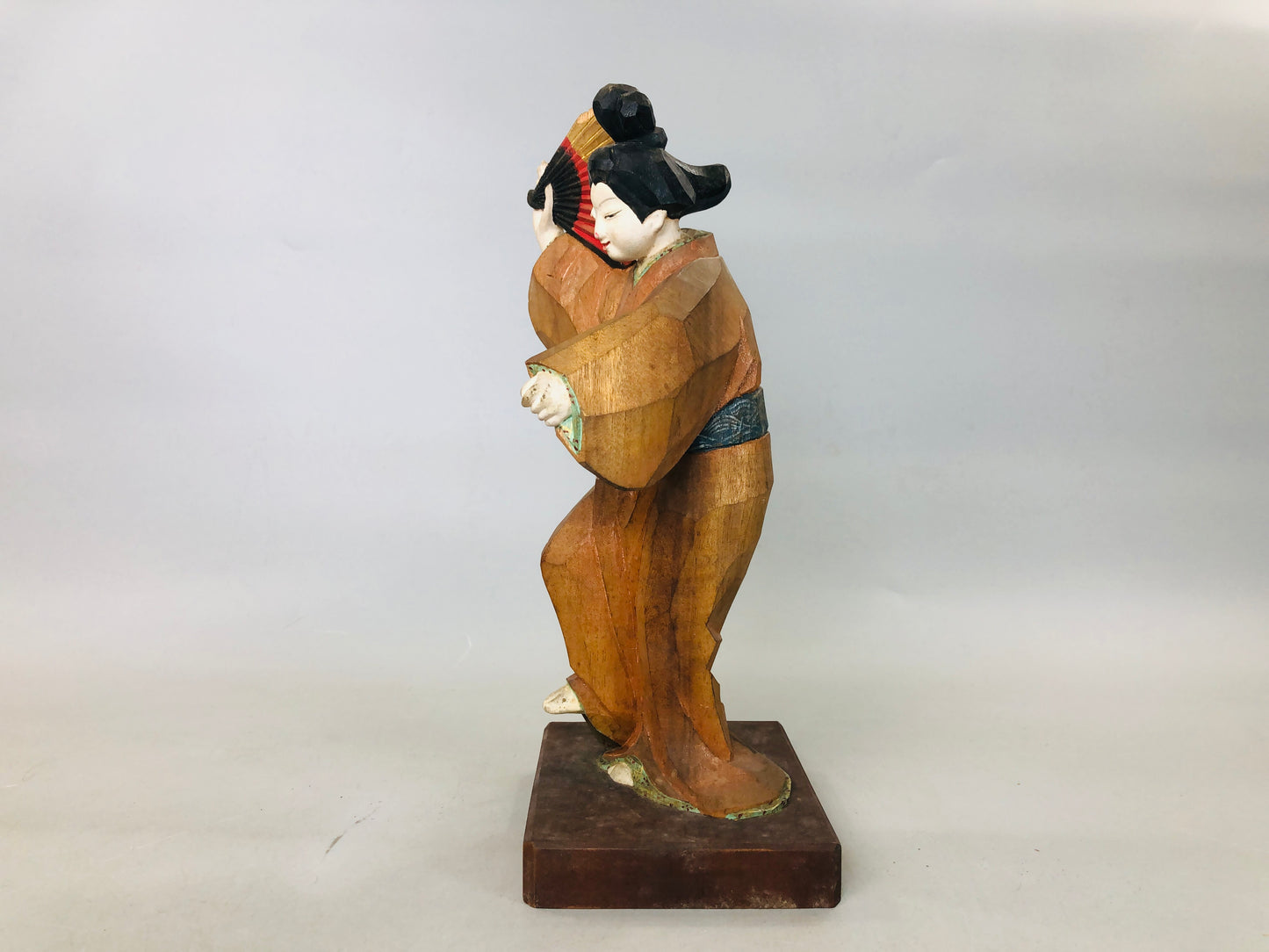 Y5885 STATUE wood carving colored dancing figure signed box Japan antique decor