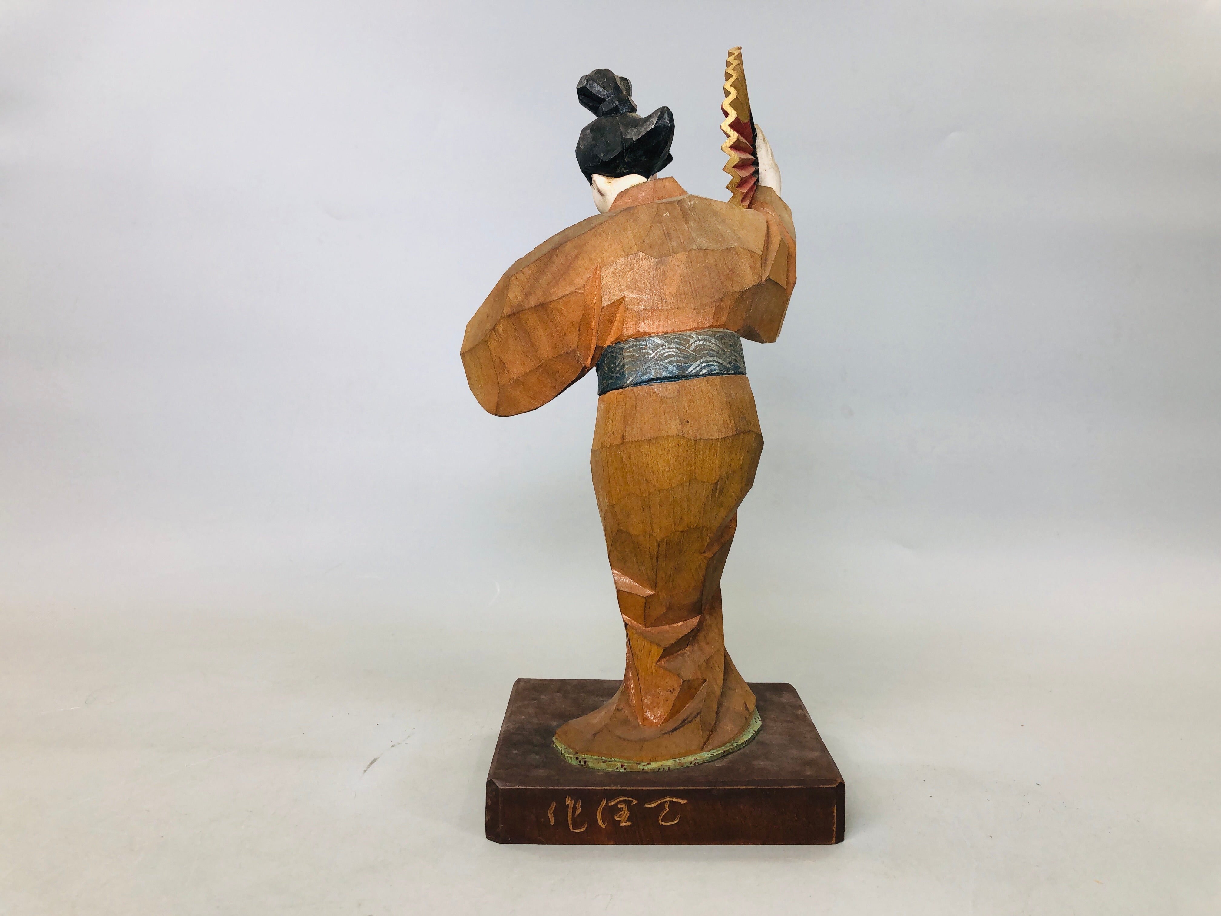 Y5885 STATUE wood carving colored dancing figure signed box Japan 