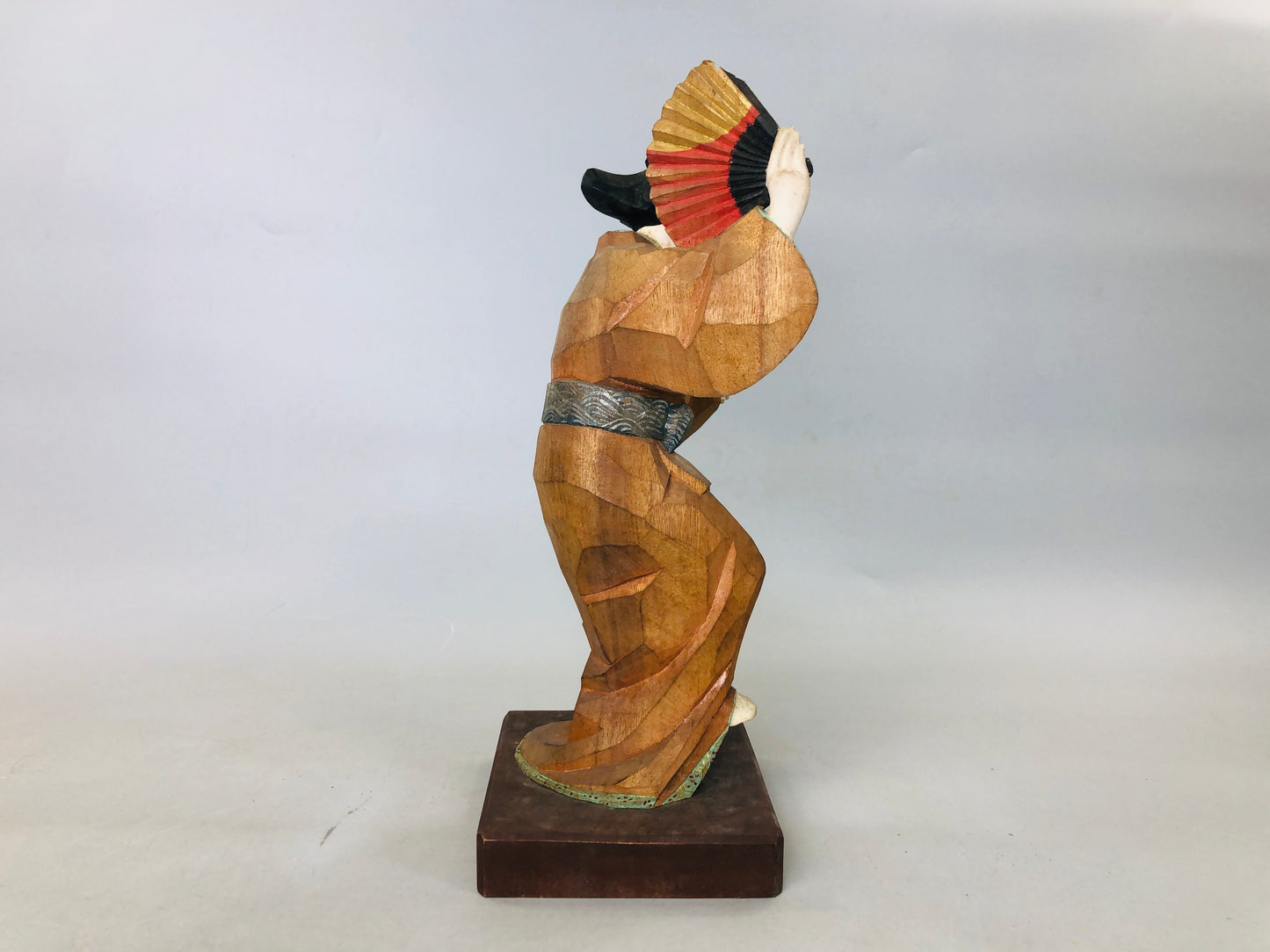 Y5885 STATUE wood carving colored dancing figure signed box Japan antique decor