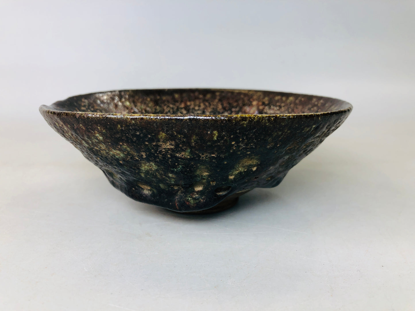 Y5926 CHAWAN Raku-ware flat signed box Japan antique tea ceremony vintage bowl