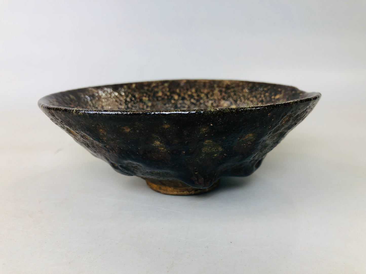 Y5926 CHAWAN Raku-ware flat signed box Japan antique tea ceremony vintage bowl