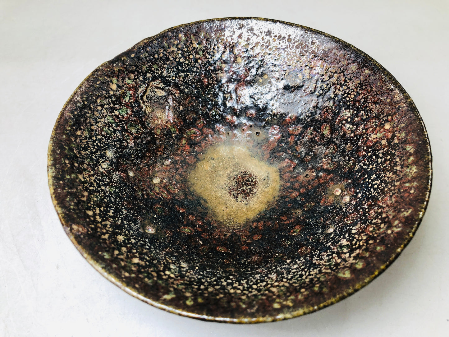 Y5926 CHAWAN Raku-ware flat signed box Japan antique tea ceremony vintage bowl