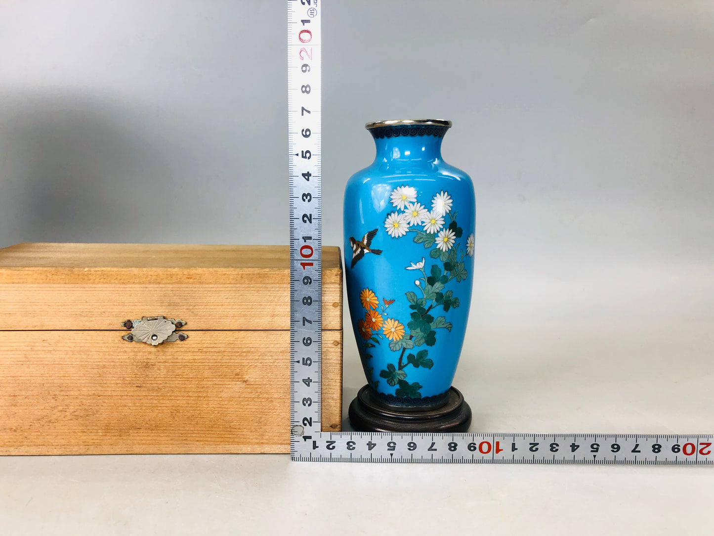 Y5963 FLOWER VASE Cloisonne flower bird small signed box Japan ikebana antique