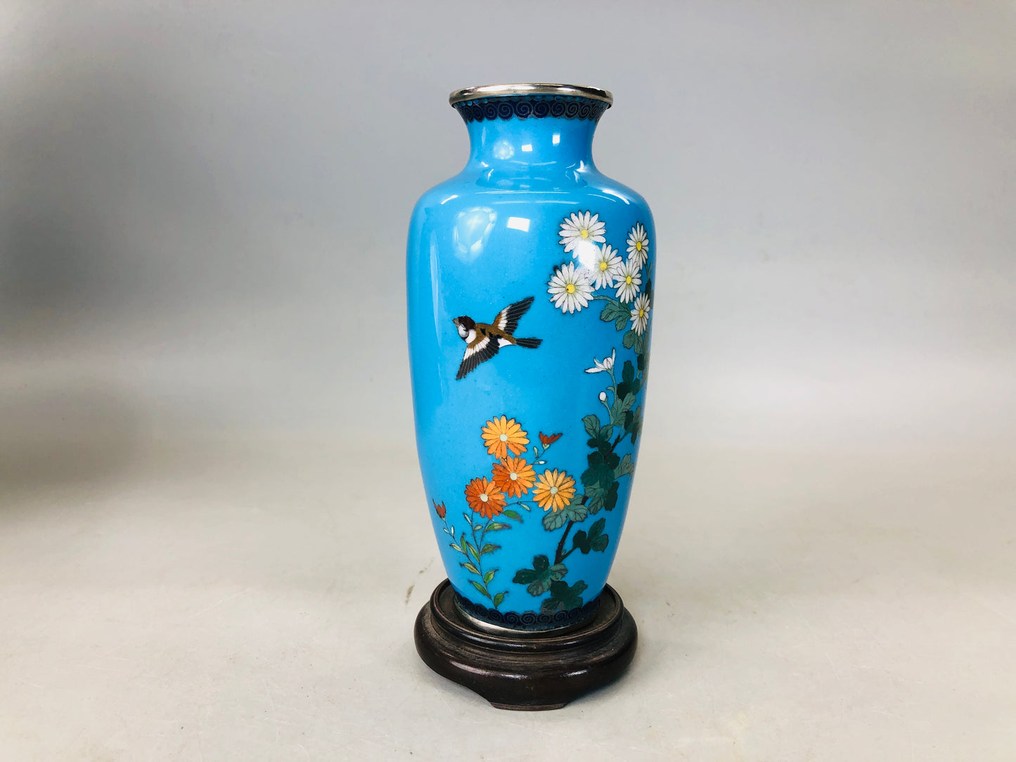 Y5963 FLOWER VASE Cloisonne flower bird small signed box Japan ikebana antique