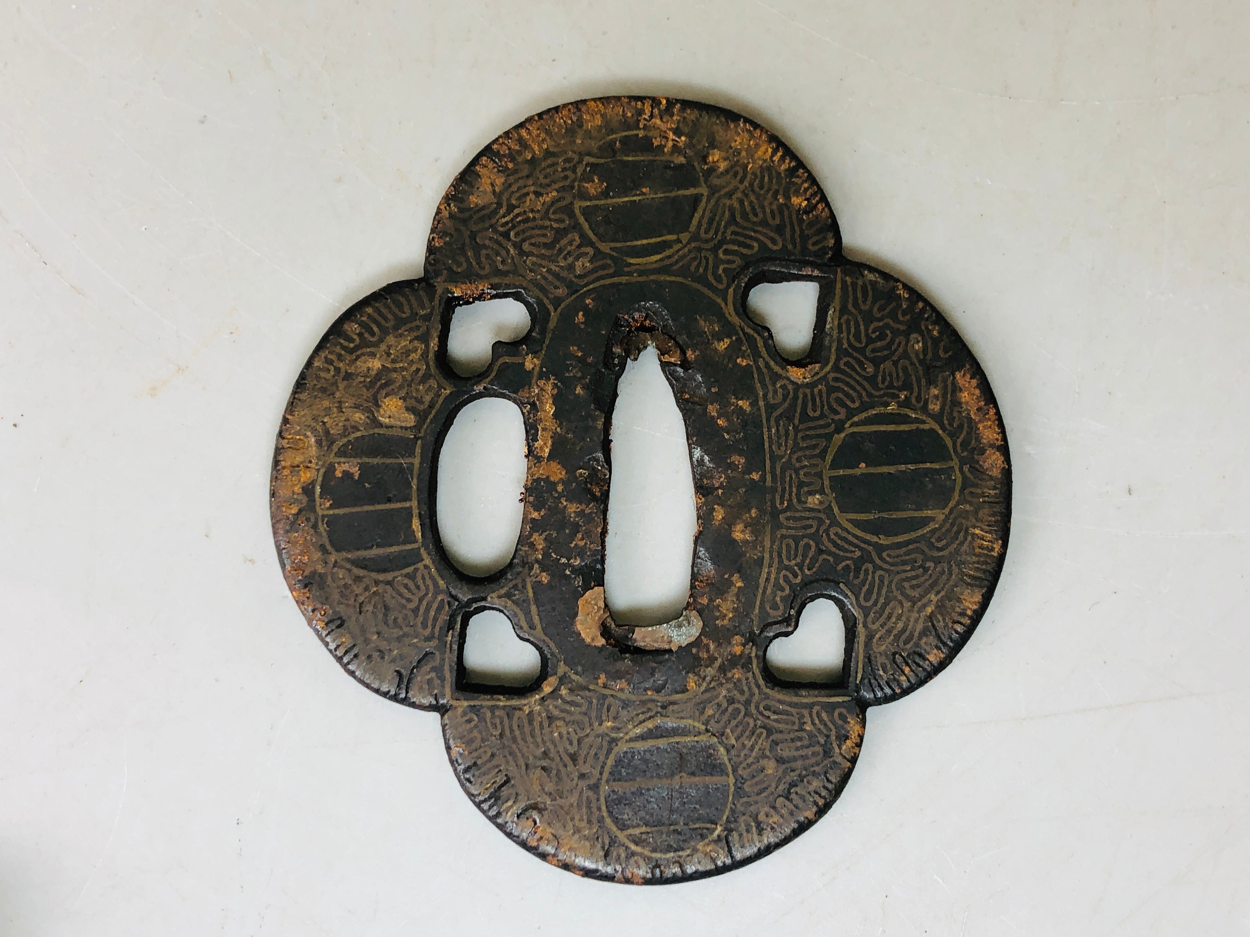 Y5990 TSUBA Iron Sword Guard Inlay Japan samurai katana koshirae edo a ...