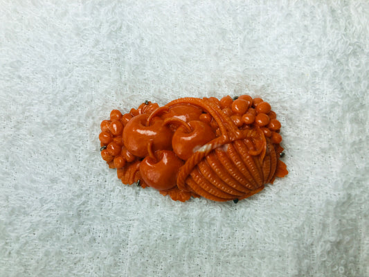 Y6003 OBIDOME Coral Sash clip fruit basket engraving Japan antique brooch