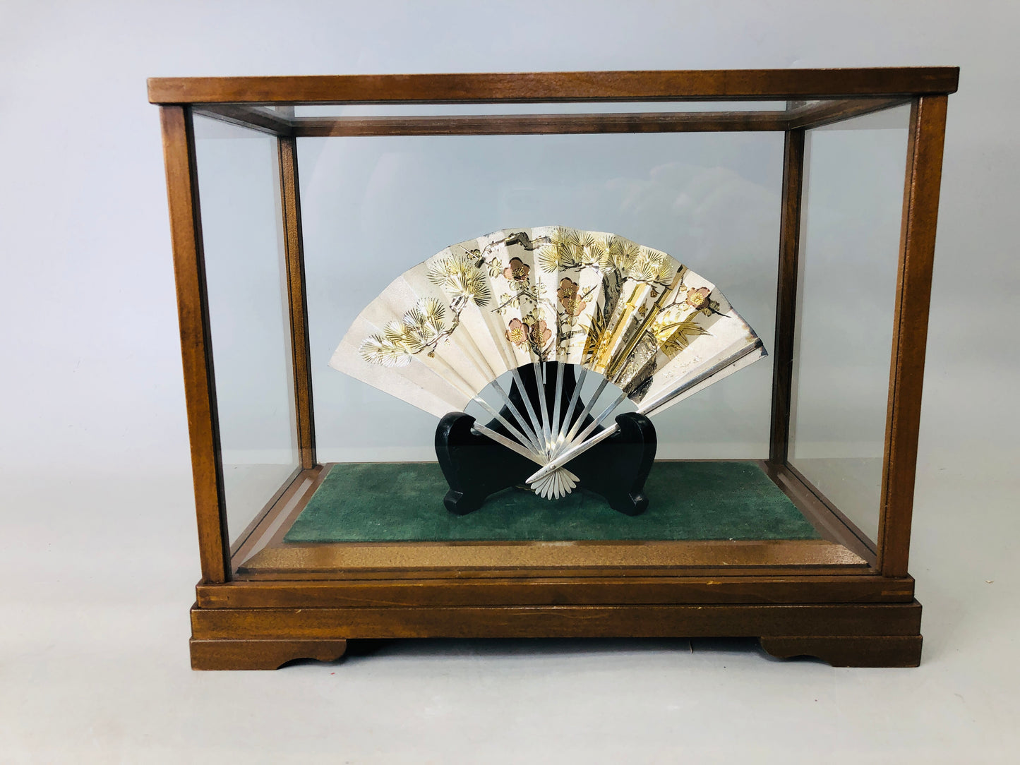 Y6012 OKIMONO Sterling silver Fan figurine signed box Japan antique interior