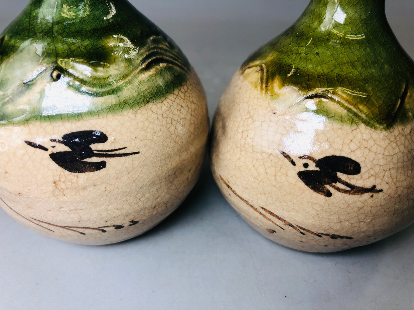 Y6022 CHOUSHI Oribe-ware Tokkuri sake bottle pair signed box Japan antique