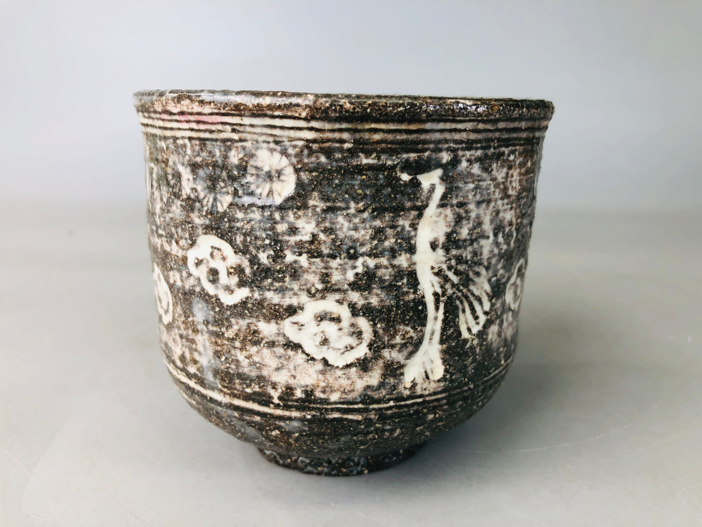 Y6048 [VIDEO] CHAWAN Mishima-ware tube crane Japan antique tea ceremony vintage pottery
