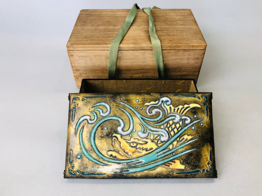 Y6099 [VIDEO] BOX Ando Cloisonne accessory case signed wave orc Japan antique vintage