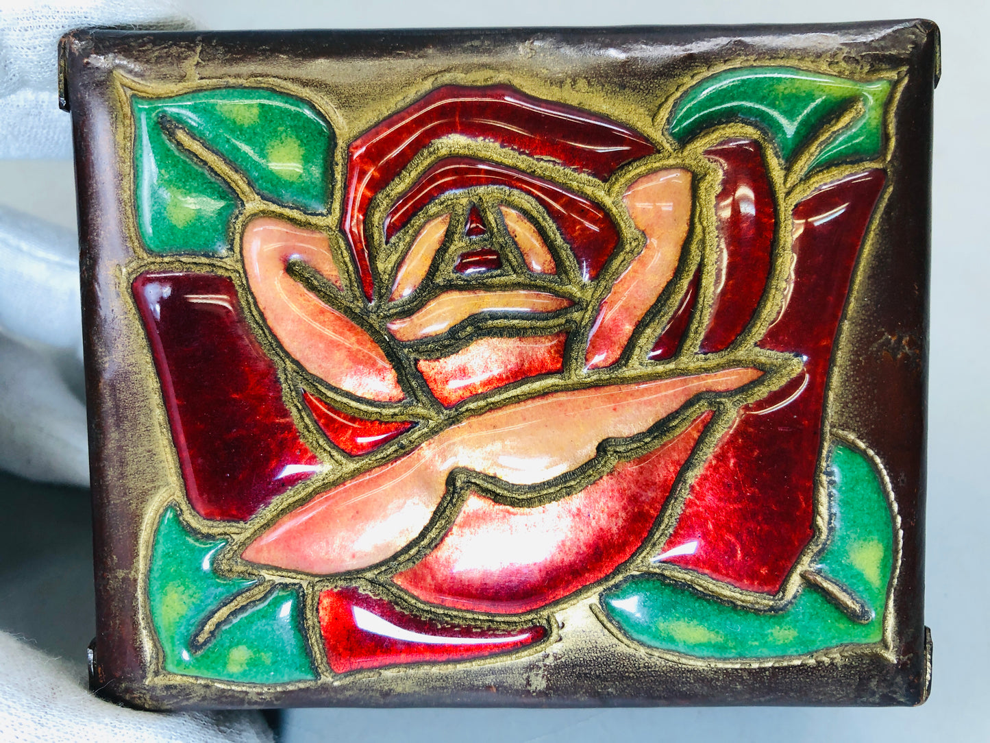 Y6100 [VIDEO] BOX Ando Cloisonne accessory case signed rose flower Japan antique vintage