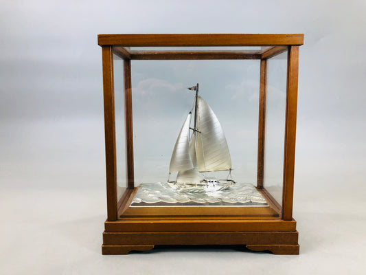 Y6111 [VIDEO] OKIMONO Silver yacht figurine signed glass case Japan antique interior