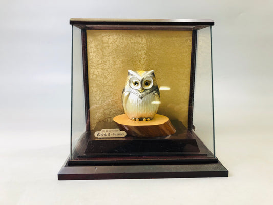 Y6115 [VIDEO] OKIMONO Silver owl figurine signed glass case Japan antique interior decor