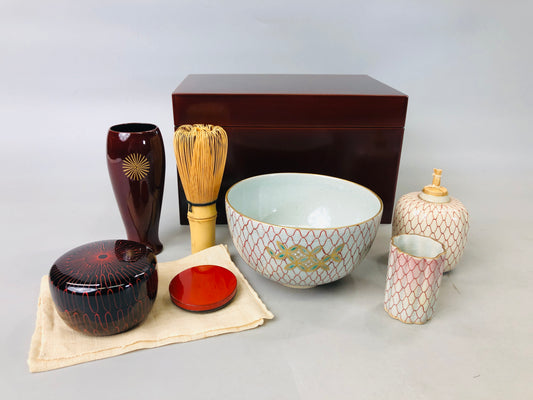 Y6116 [VIDEO] CHAWAN Tea ceremony utencils set lacquered box mesh pattern Japan antique