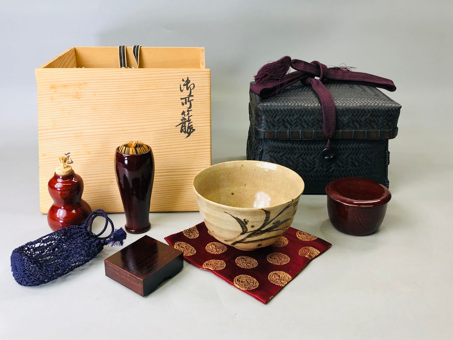 Y6117 [VIDEO] CHAWAN Tea ceremony utencils set bamboo basket signed box Japan antique